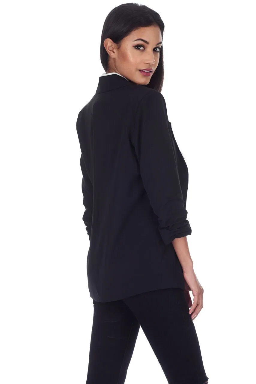 Black Blazer Jacket With Ruched Sleeves