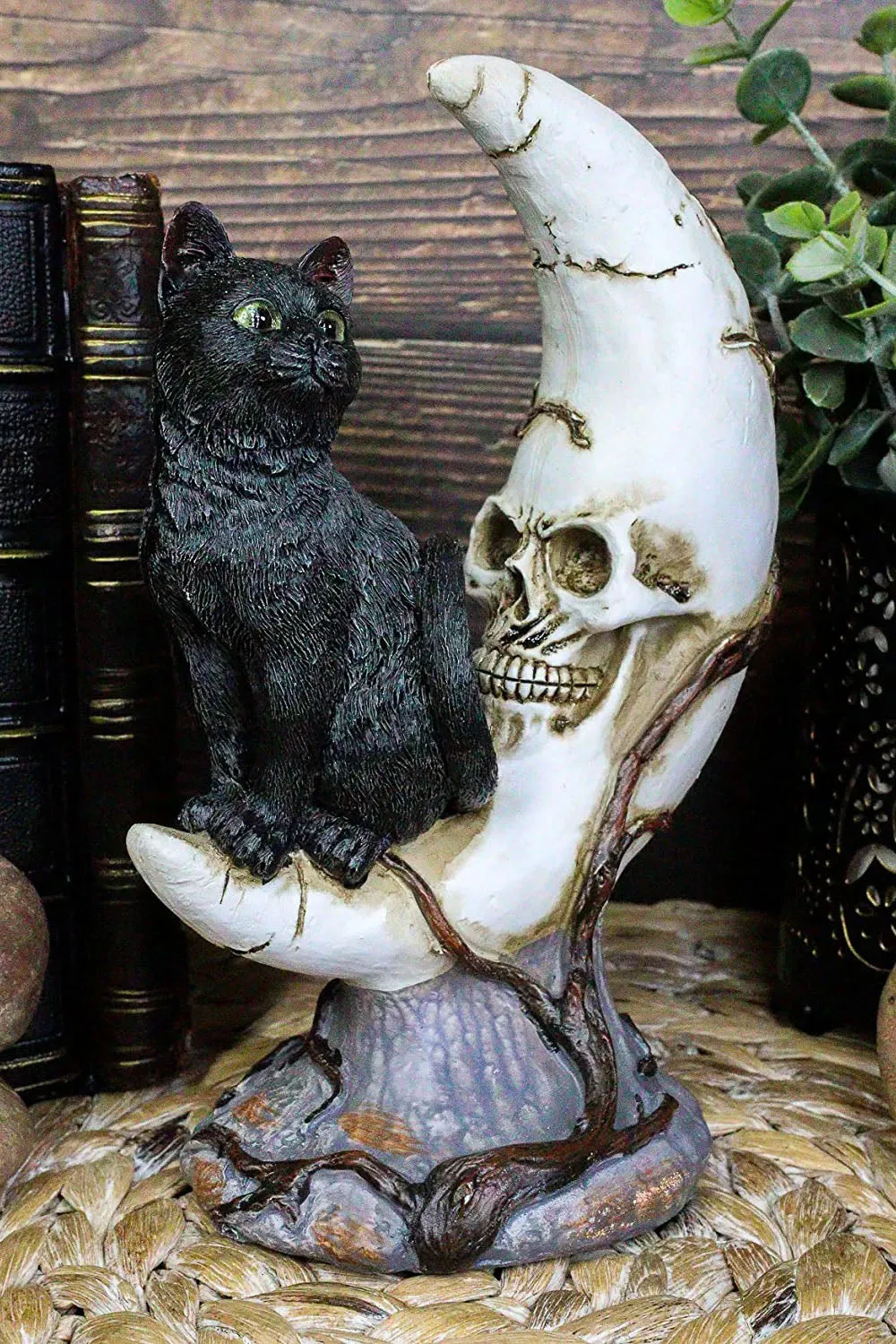 Black Cat on Moon Skull Statue