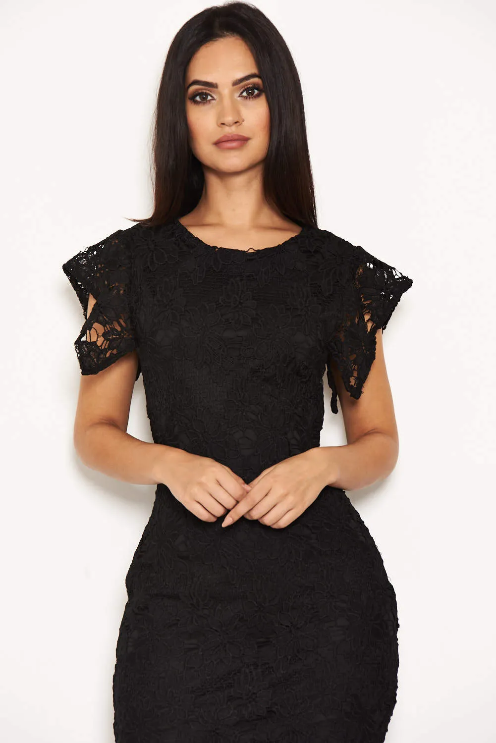 Black Crochet Detail Midi Dress