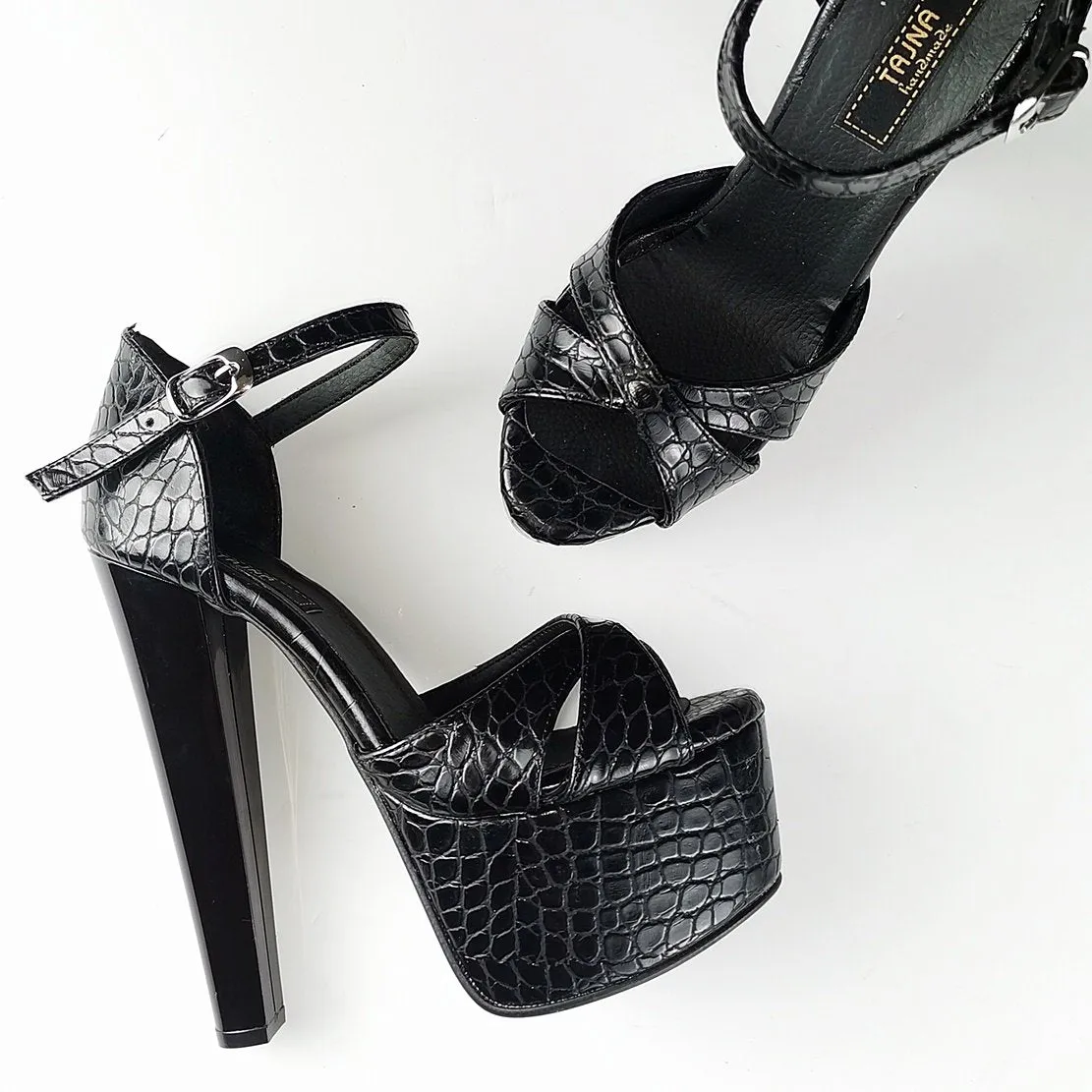 Black Croco Cross Strap High Heel Shoes