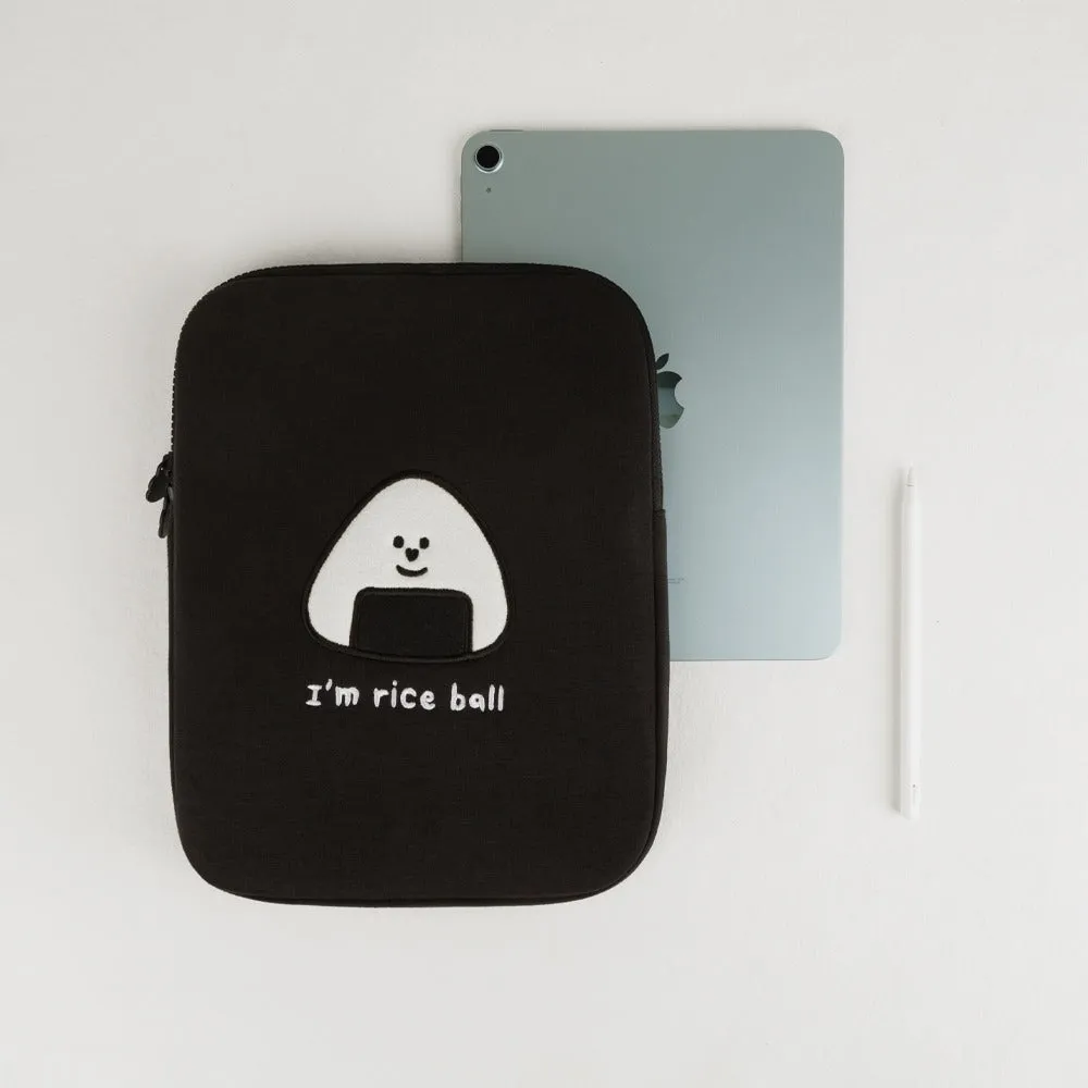 Black Cute Triangle Rice Ball Laptop Sleeves 11" for iPad 13" Cases Skins Protective Covers Purses Handbags Square Cushion Pouches Embroidery School Collage Office