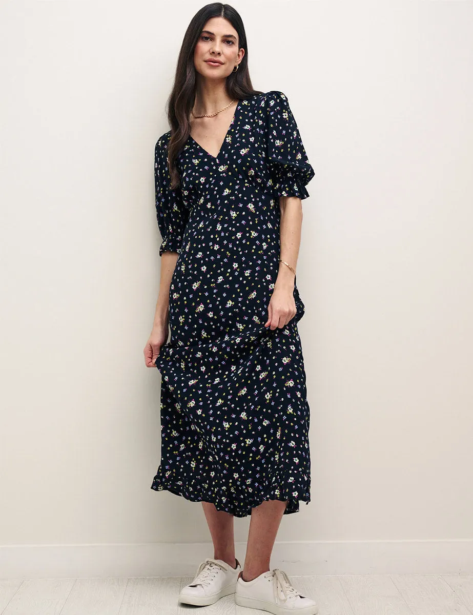 Black Ditsy Floral Delilah Midi Dress