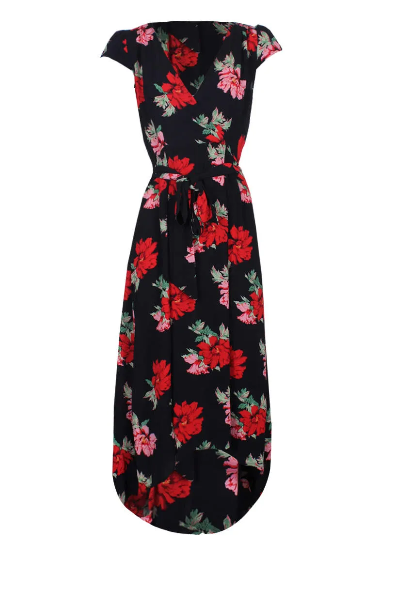 Black Floral Capped Sleeved Waterfall Dress