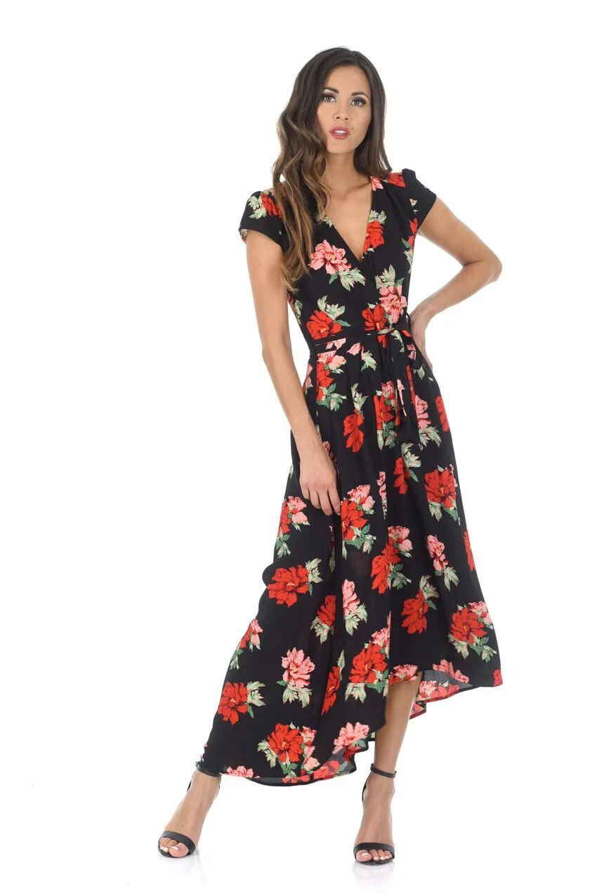 Black Floral Capped Sleeved Waterfall Dress