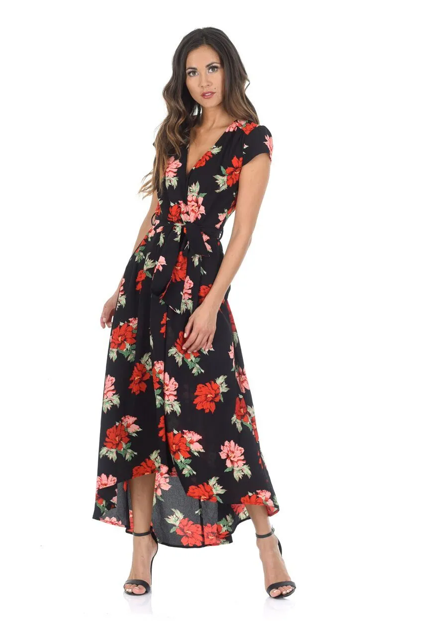 Black Floral Capped Sleeved Waterfall Dress