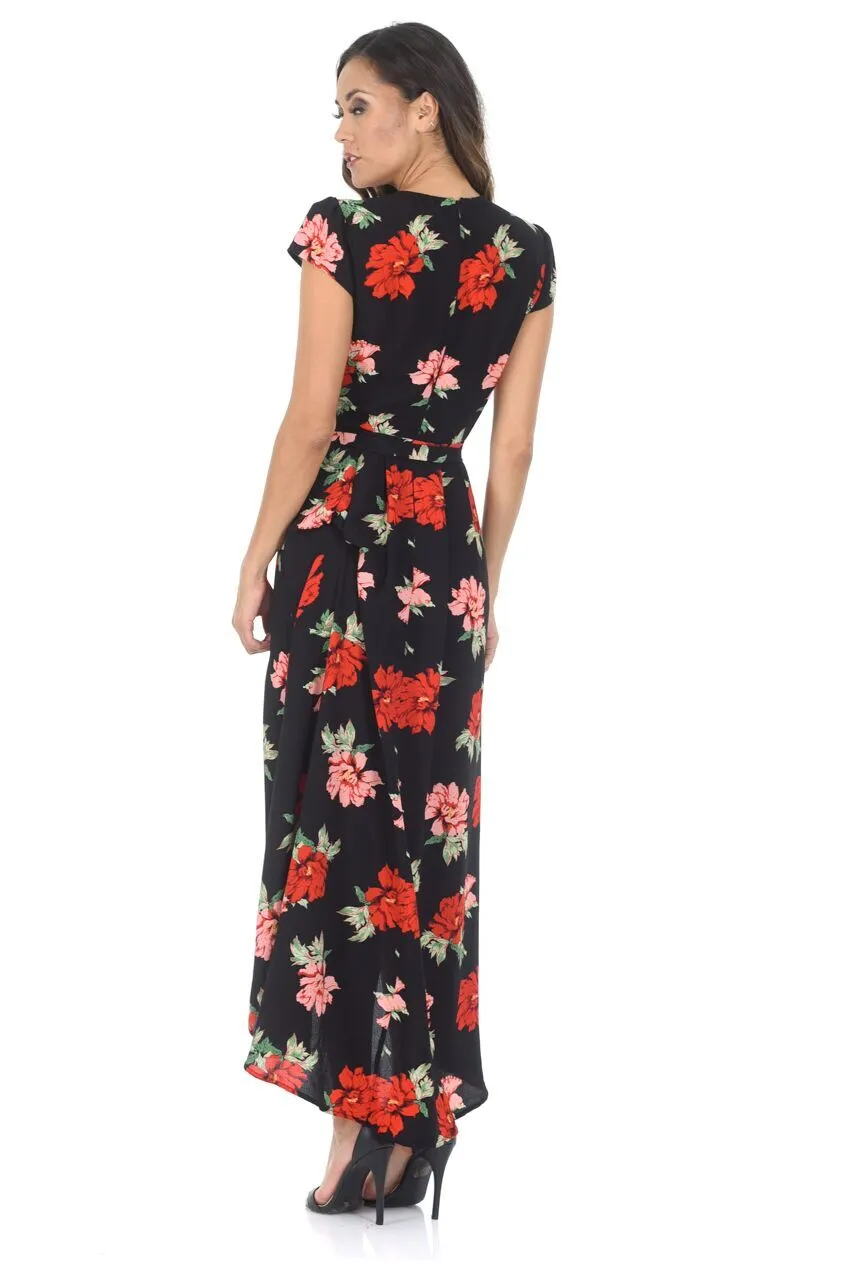 Black Floral Capped Sleeved Waterfall Dress