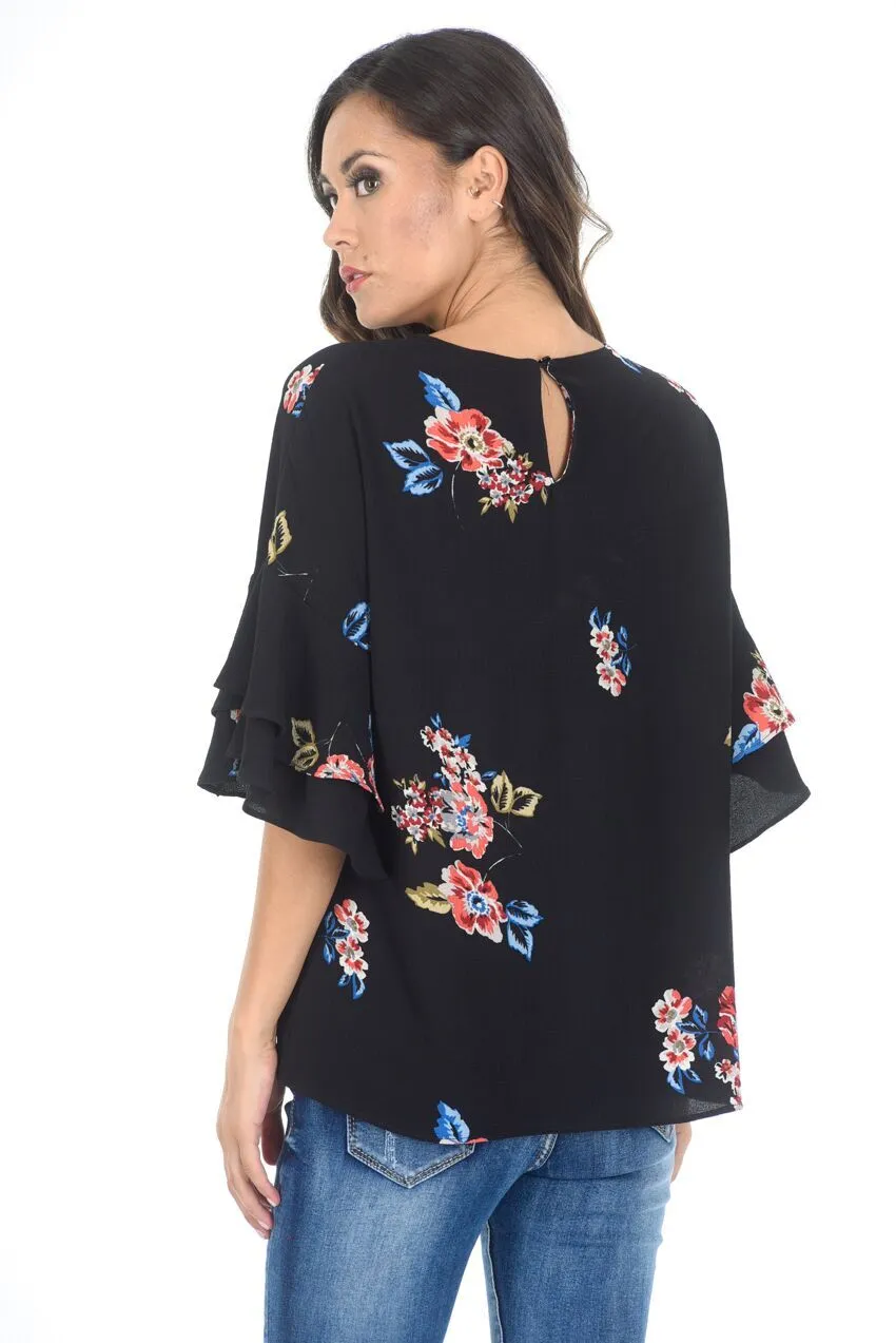 Black Floral Frill Sleeved Top