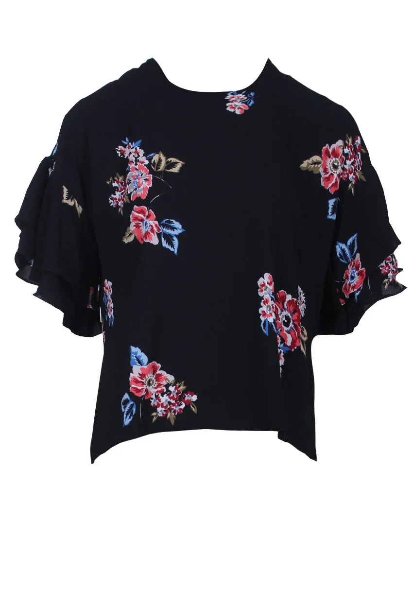 Black Floral Frill Sleeved Top