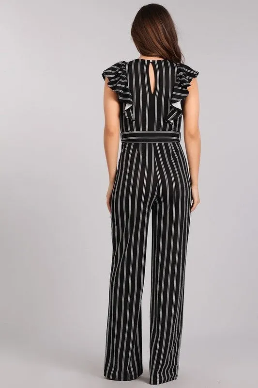 Black Pin Stripe Flutter Sleeve Jumpsuit