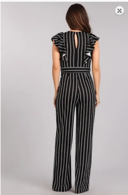 Black Pin Stripe Flutter Sleeve Jumpsuit