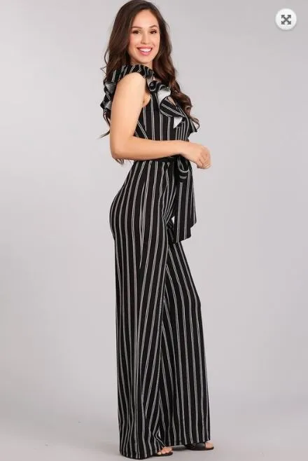 Black Pin Stripe Flutter Sleeve Jumpsuit