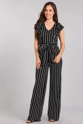 Black Pin Stripe Flutter Sleeve Jumpsuit