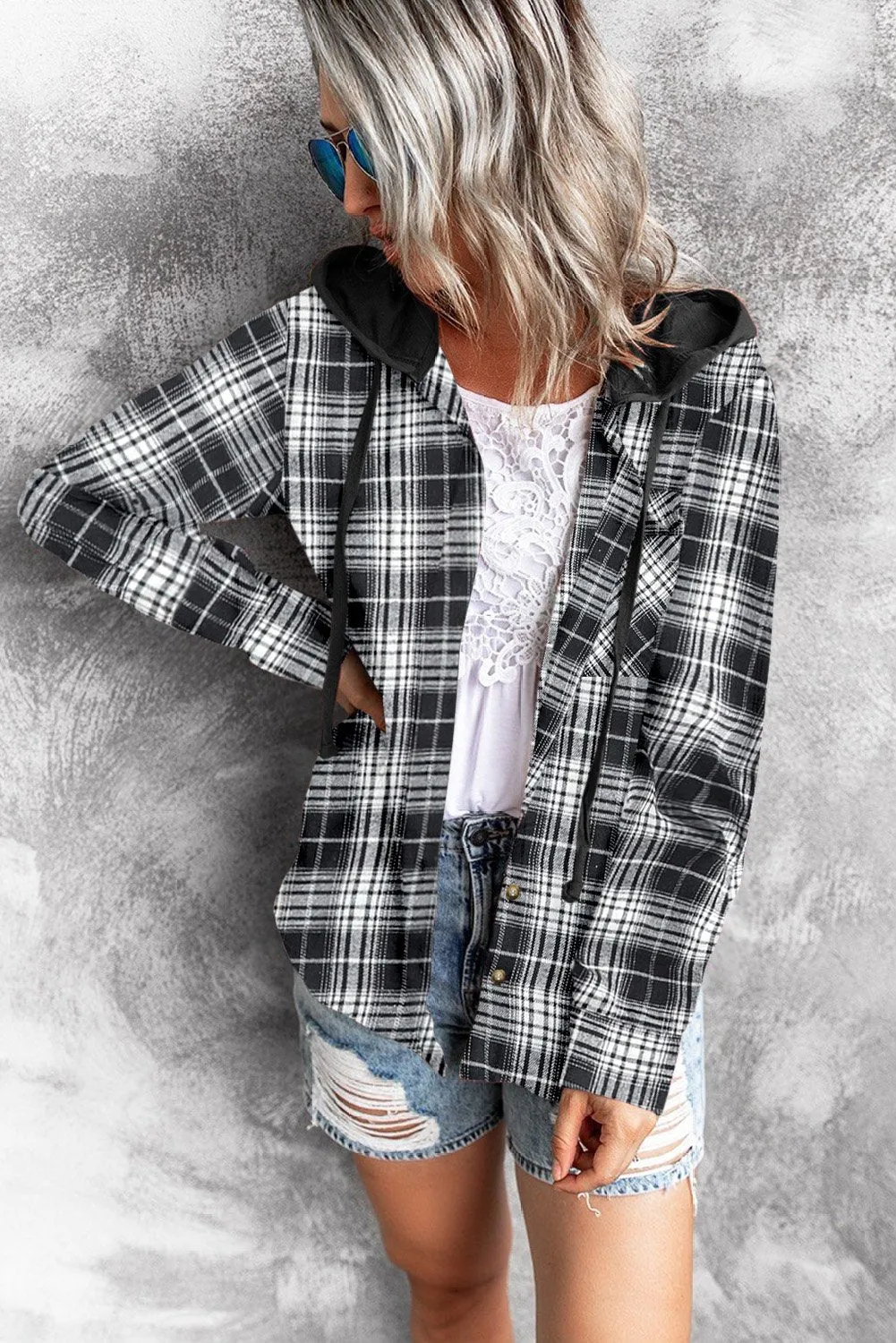 Black Plaid Hooded Shirt Coat