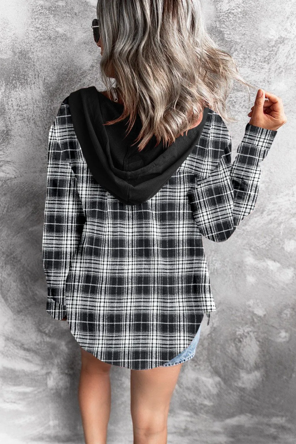 Black Plaid Hooded Shirt Coat