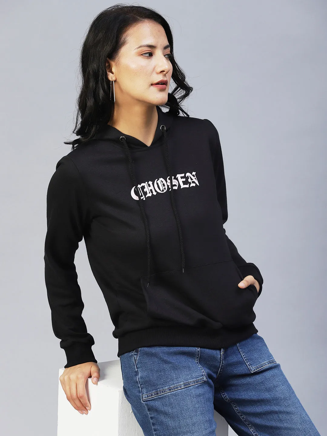 Black Printed Hooded Terry Sweatshirt