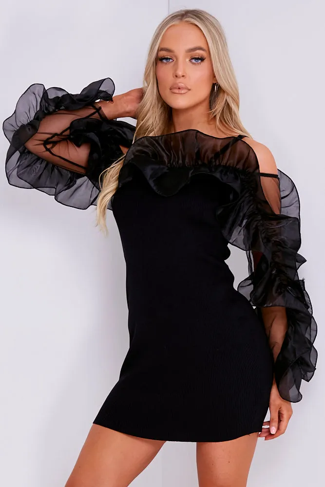 Black Ribbed Extreme Ruffle Bodycon Dress