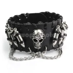 Black Rock Punk Biker  Men's Gothic Cowhide Leather Bullet  Bangle Skeleton Chain Wristband Bracelet Jewelry Hot