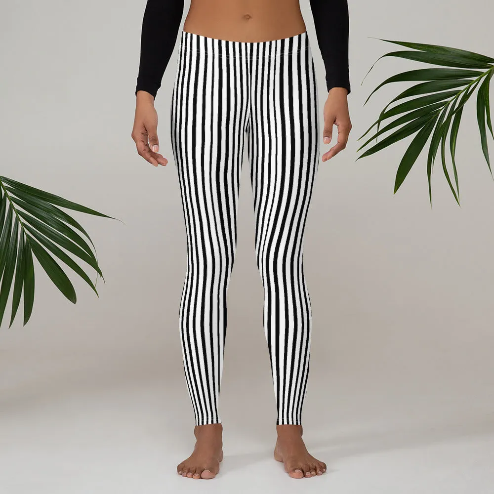 Black Striped Women's Leggings, Black White Vertical Stripe Print Women's Casual Tights