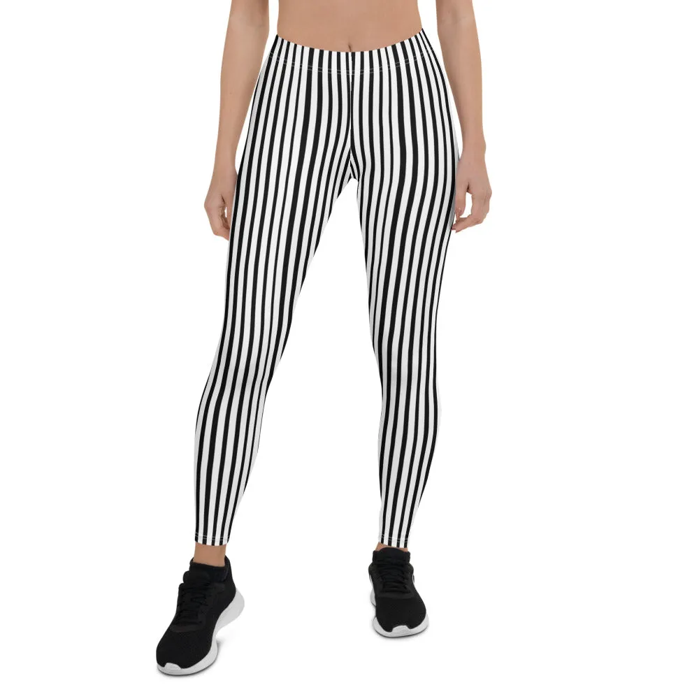 Black Striped Women's Leggings, Black White Vertical Stripe Print Women's Casual Tights