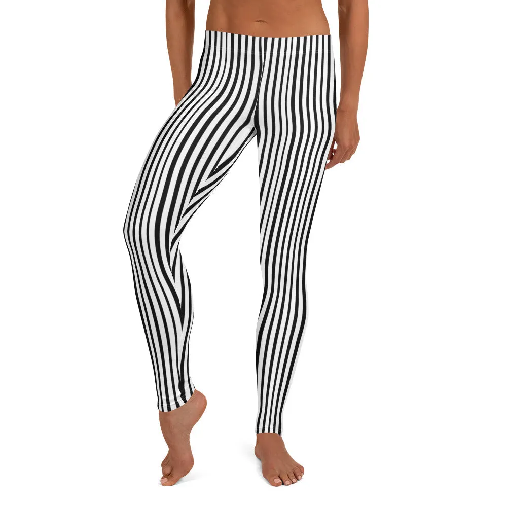 Black Striped Women's Leggings, Black White Vertical Stripe Print Women's Casual Tights