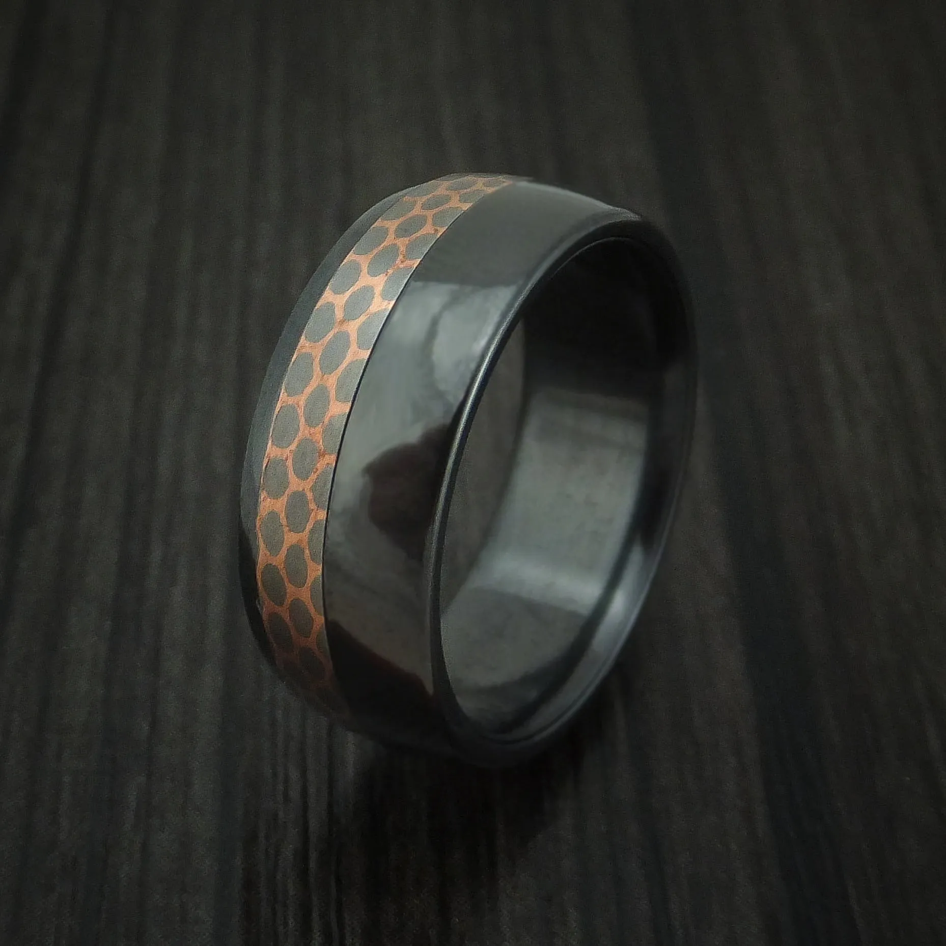 Black Zirconium and Superconductor Men's Ring Custom Made Titanium-Niobium and Copper Band