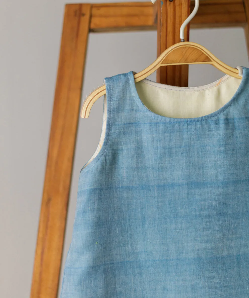 Blue green cotton asymmetric sleeveless dress