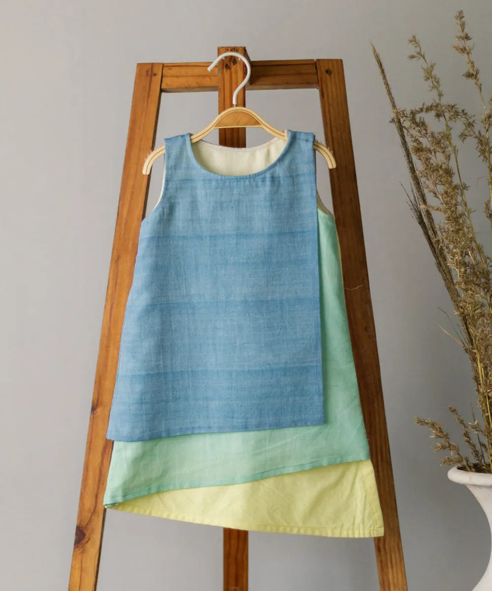 Blue green cotton asymmetric sleeveless dress