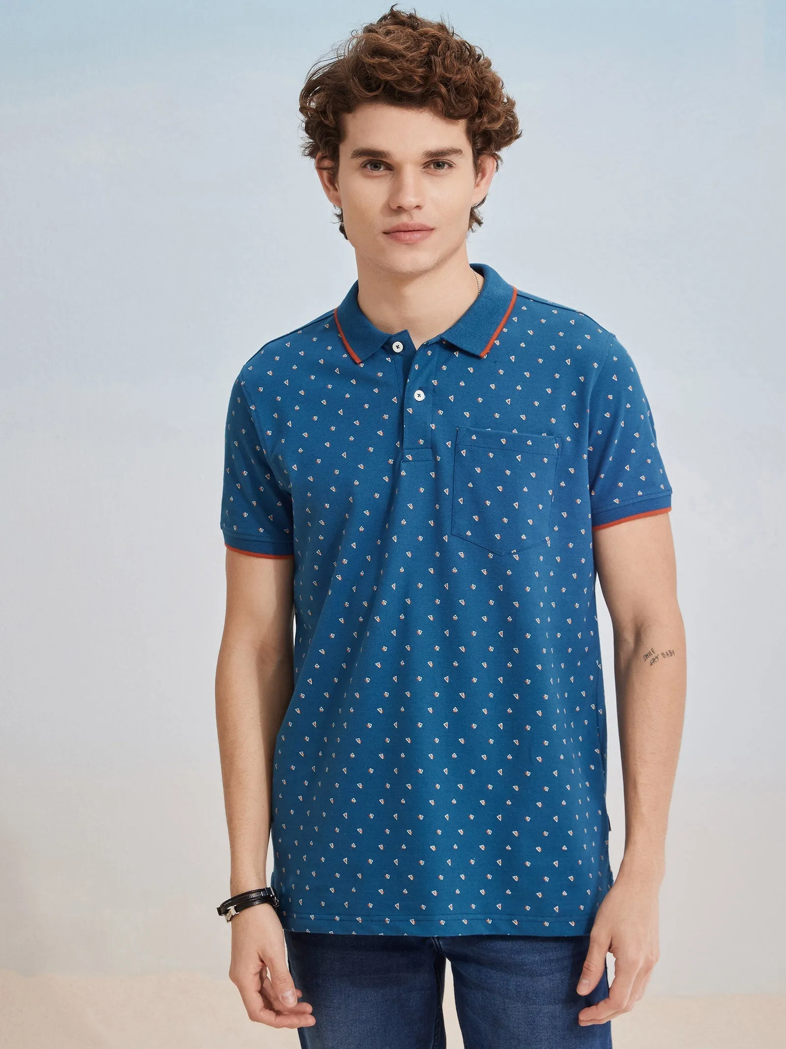 Blue Printed Stretch Polo T-Shirt