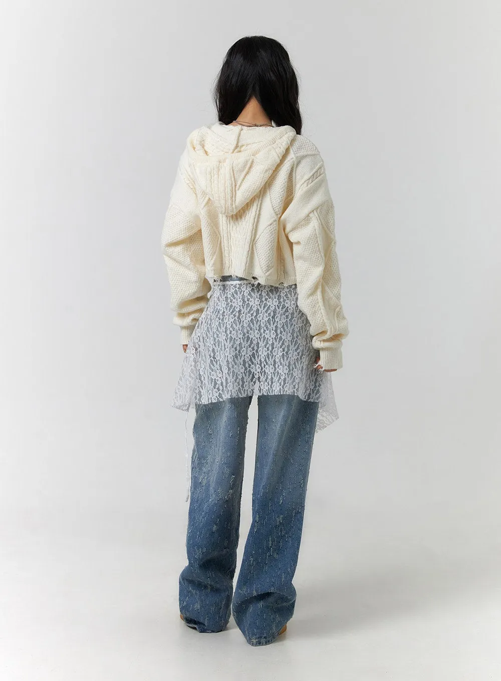 Cable Knit Zippered Hooded Crop Cardigan CF401