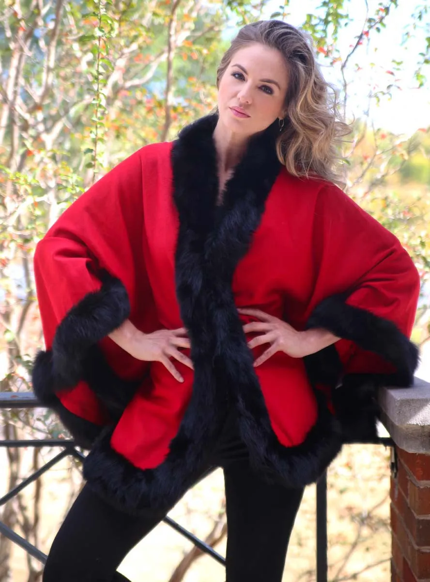 Cashmere Blend Cape with Fox Fur Trim