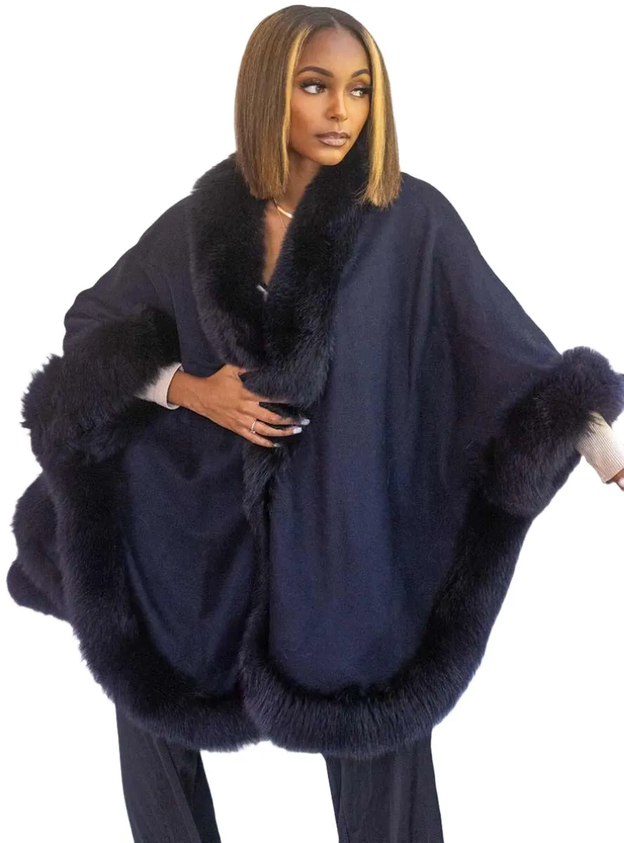 Cashmere Blend Cape with Fox Fur Trim