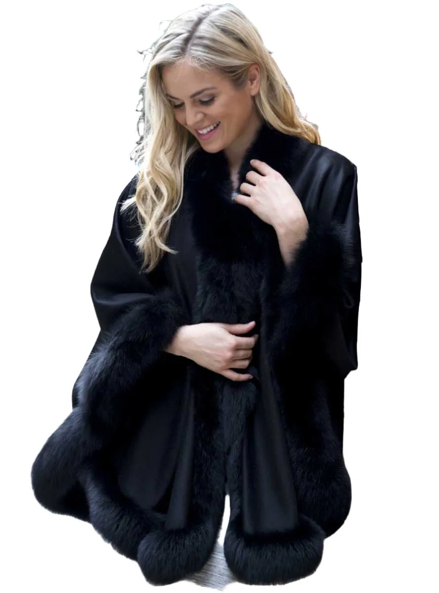 Cashmere Blend Cape with Fox Fur Trim