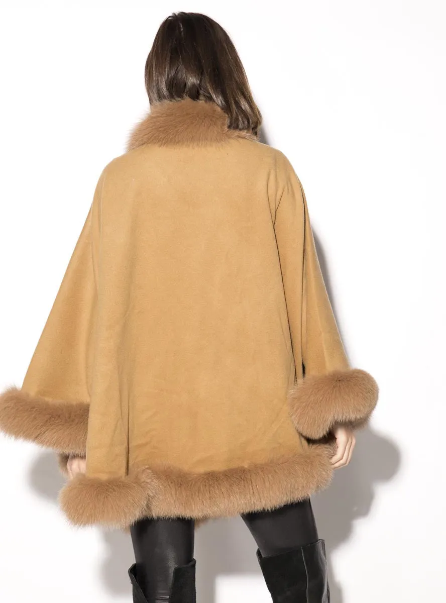 Cashmere Blend Cape with Fox Fur Trim