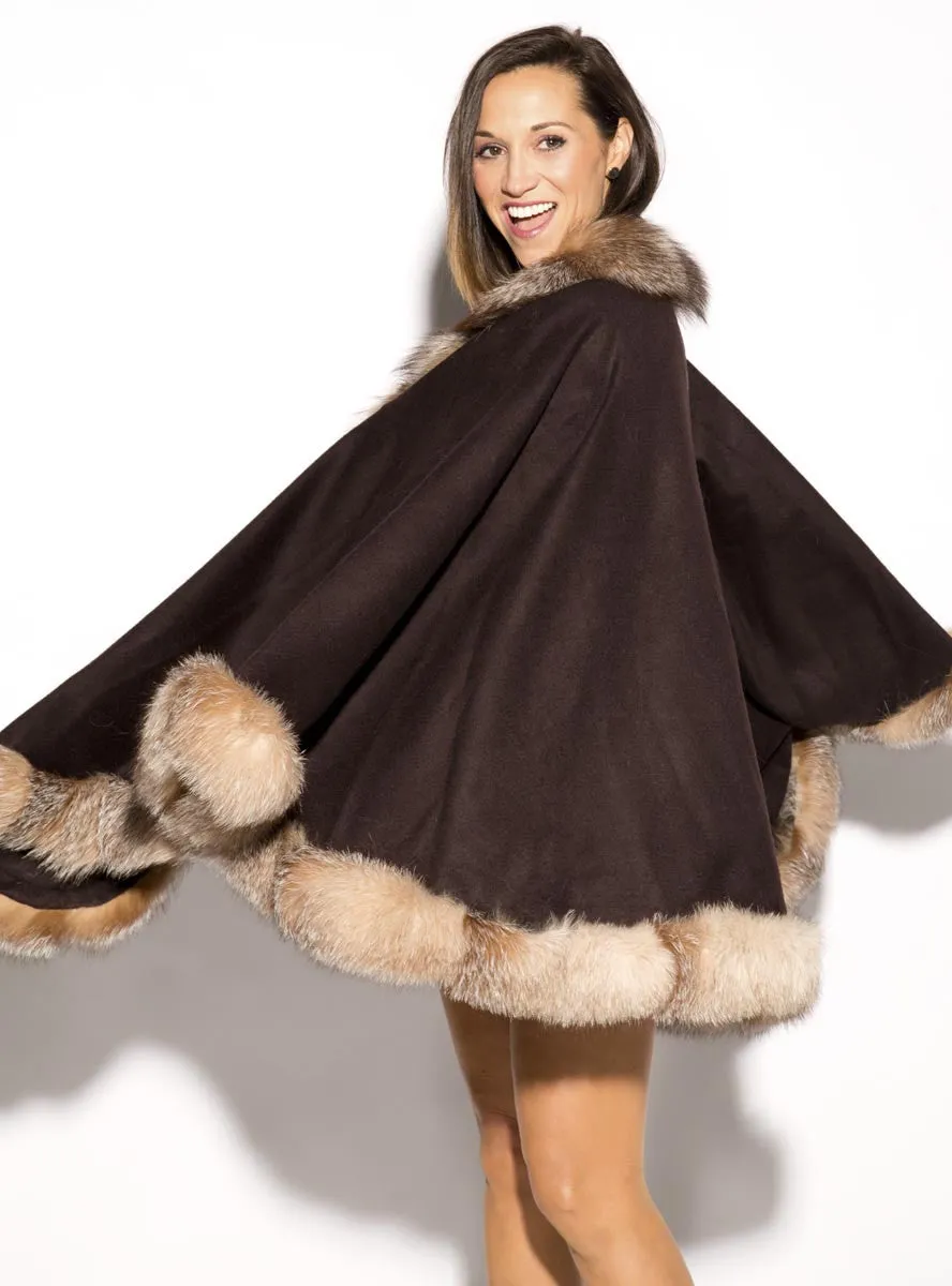 Cashmere Blend Cape with Fox Fur Trim