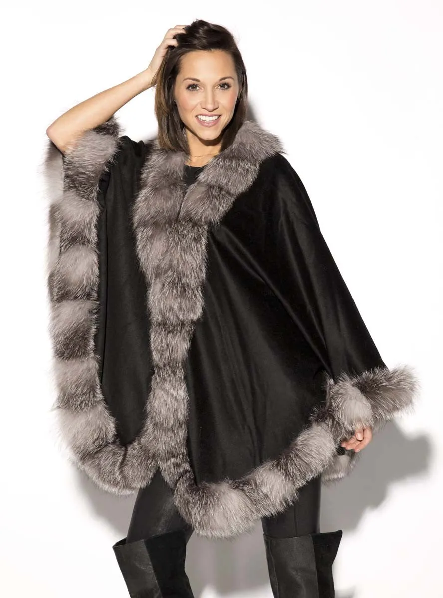 Cashmere Blend Cape with Fox Fur Trim