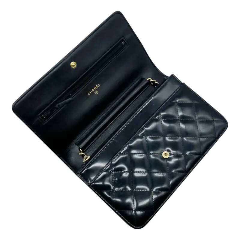 Chanel Boy Wallet On A Chain Black Patent Leather Cross Body Bag $2750 WOC