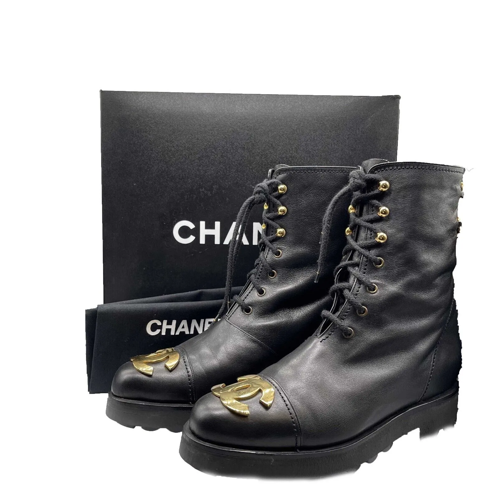 Chanel RARE Vintage Combat Boots w/Gold Plated Plaque 1990 Black FR 36 US 5.5