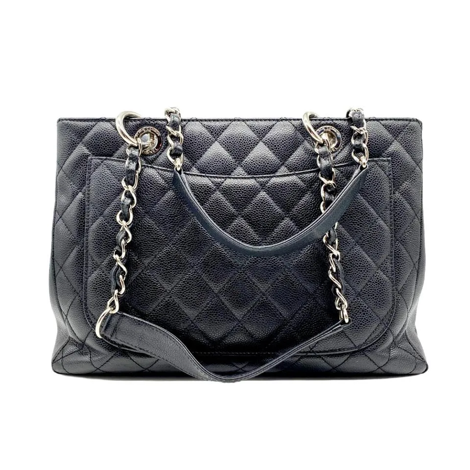 Chanel Shopping Caviar Grand Silver Black Leather Tote