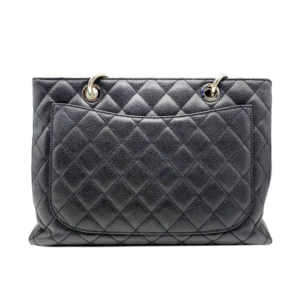 Chanel Shopping Caviar Grand Silver Black Leather Tote