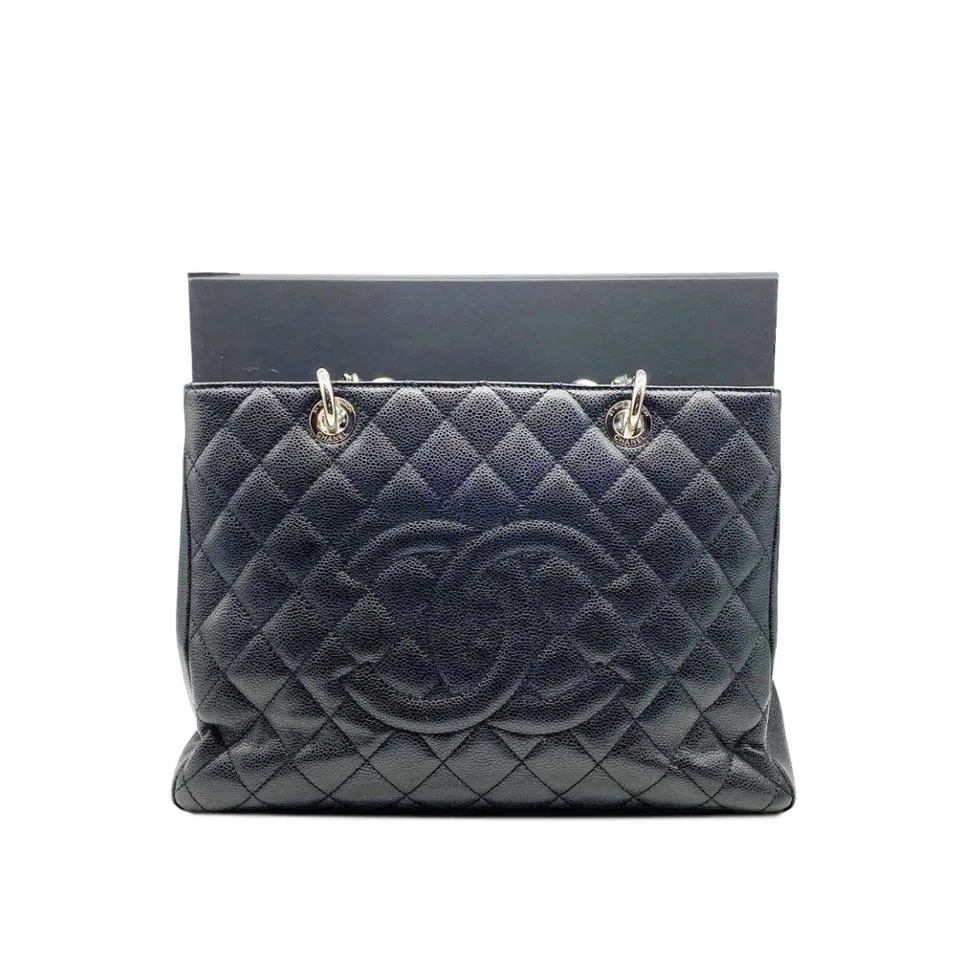 Chanel Shopping Caviar Grand Silver Black Leather Tote