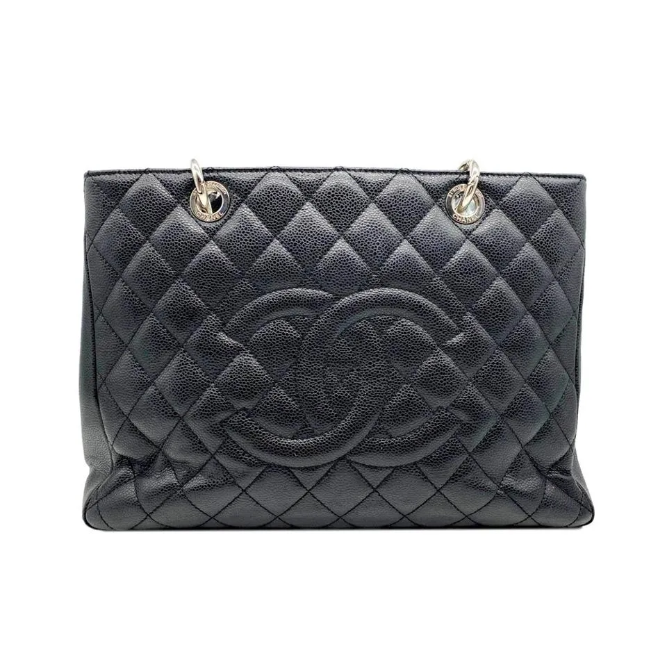 Chanel Shopping Caviar Grand Silver Black Leather Tote