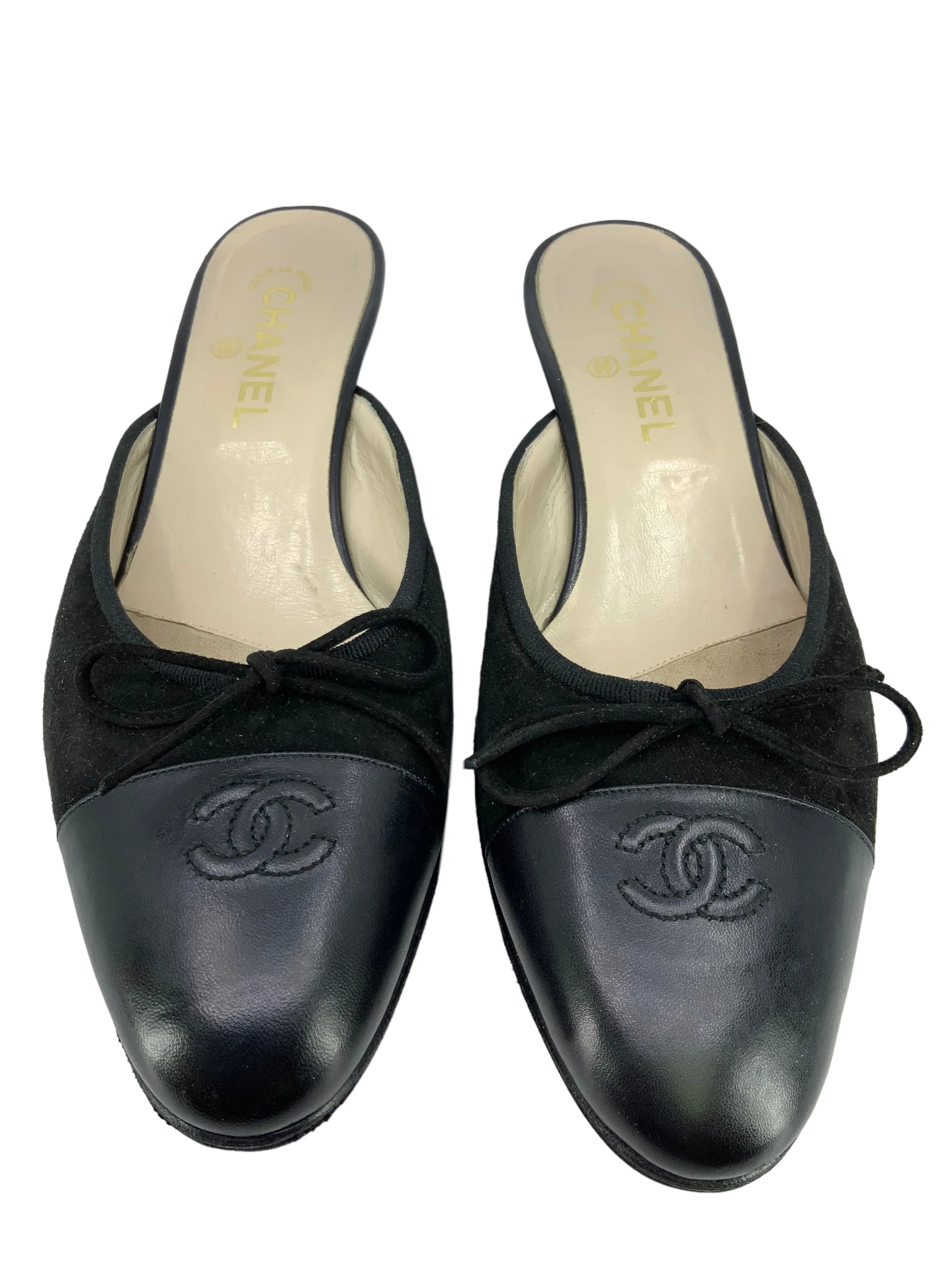 Chanel Suede and Leather CC Cap Toe Kitten Heel Mules Size 10.5