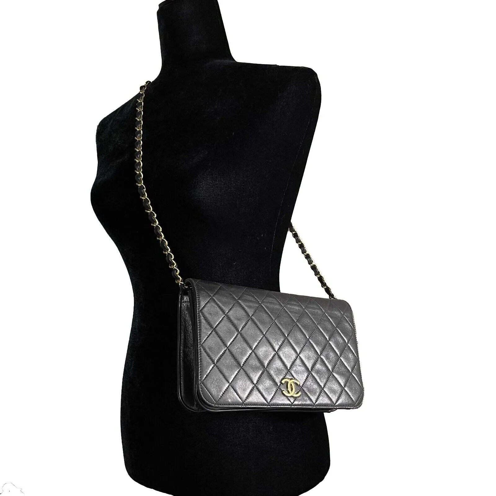 Chanel Vintage Black Quilted Lambskin Small Classic Full Flap Crossbody Bag