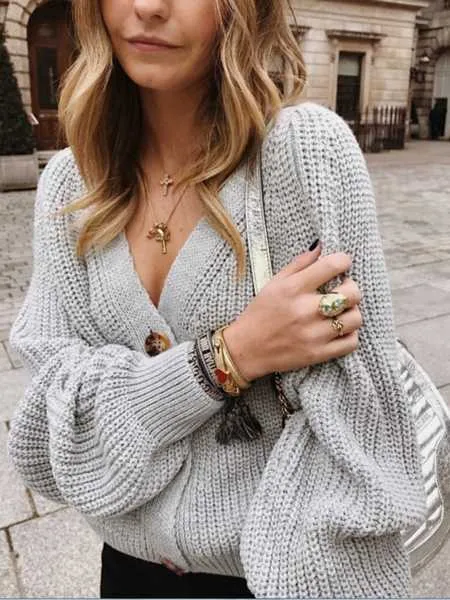 Chunky Oversized Big V Neck Button Up College Sweater For Women