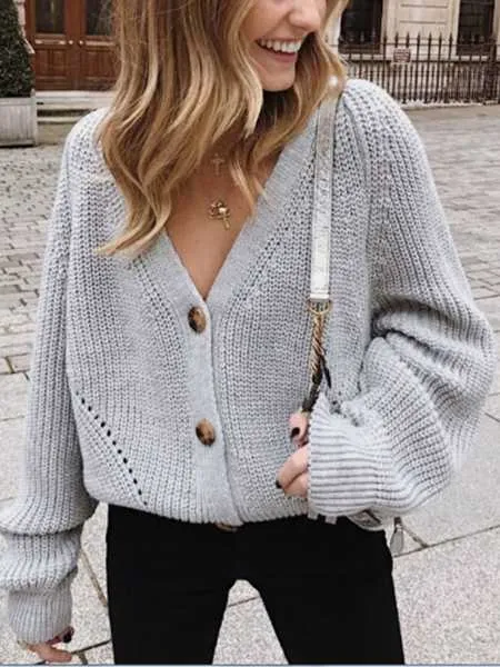 Chunky Oversized Big V Neck Button Up College Sweater For Women