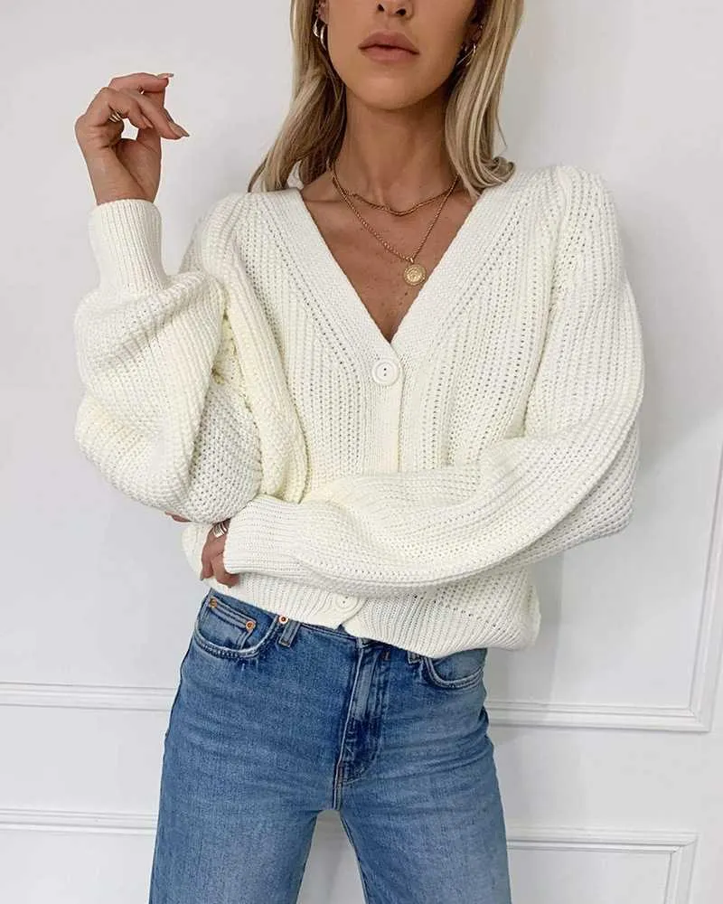 Chunky Oversized Big V Neck Button Up College Sweater For Women