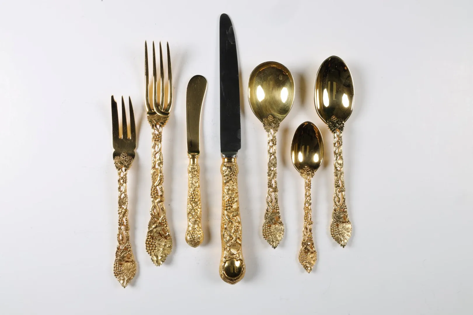 CJ Vander 925 Yellow Gold Plated Chased Pierced Vine Silverware Set (5034.88g.)