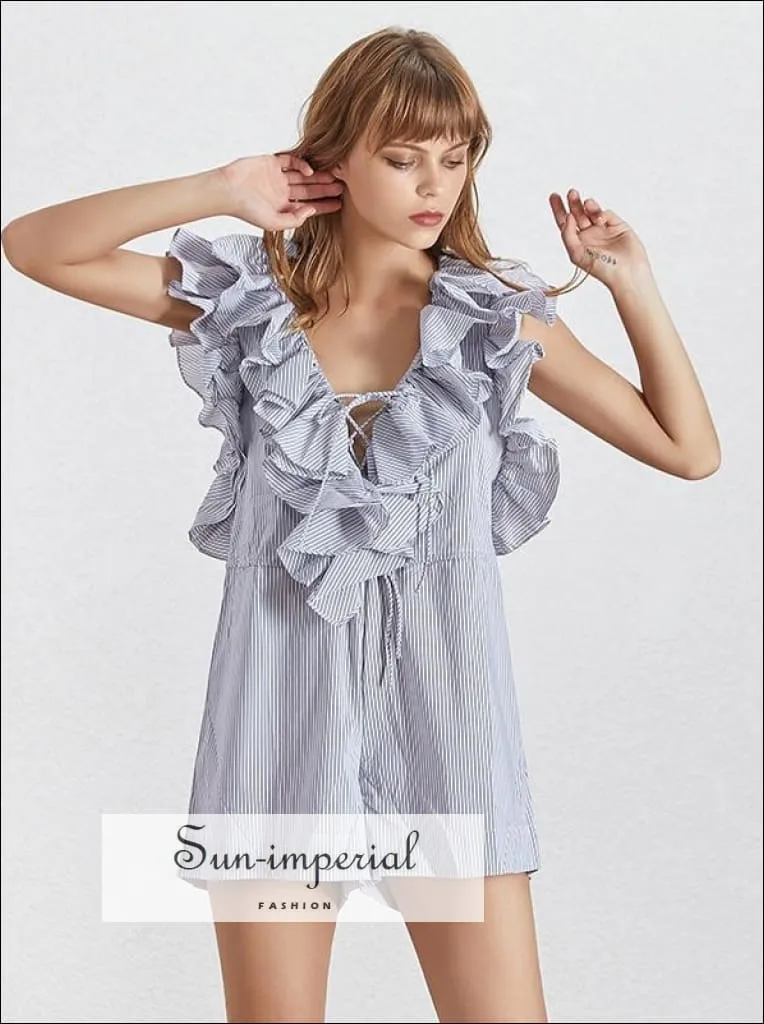 Clara Romper - Casual Striped Playsuit Women V Neck Sleeveless off Shoulder High Waist Ruffle