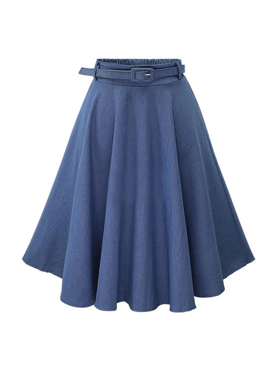 Classy Belted Waist High Waisted Full Midi Denim Skirt