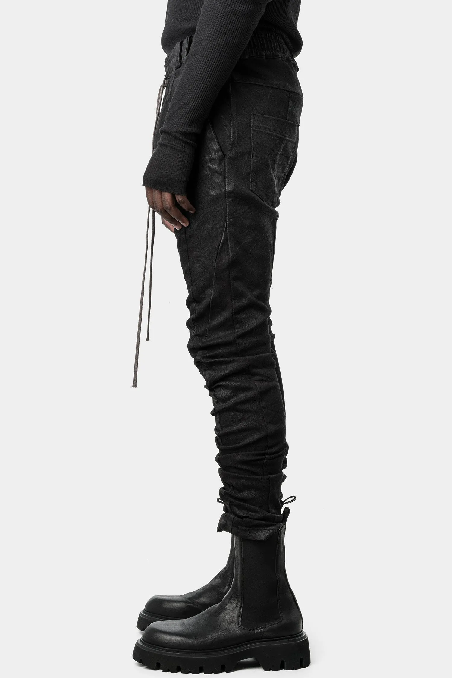 Coated anatomical fitted drawstring stretch pants